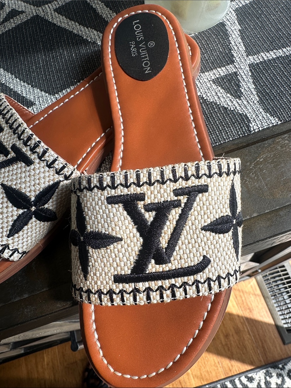 Louis Vuitton Brown Leather Slides with Monogram Canvas Strap - Picture 2 of 4